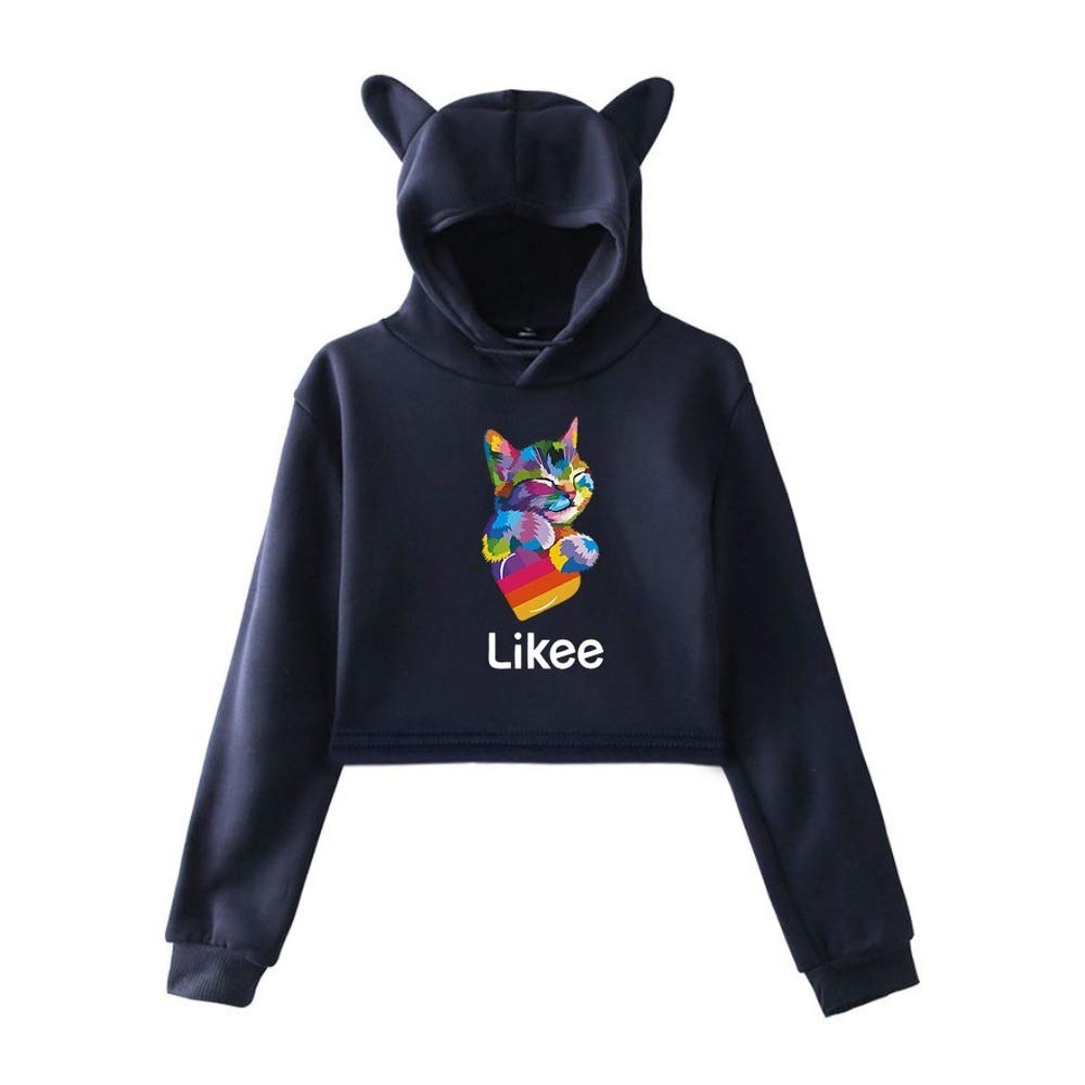 Cat Ear Pink Likee App LIKEE Hoodies Women Cat Crop Top Hoodie Female Rainbow Sweatshirt Trendy Streetwear Hip Hop (Navy3,L)