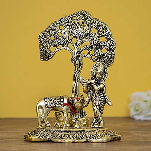 eCraftIndiaLord Krishna Playing Flute Under Tree with Golden Cow and Calf Showpiece