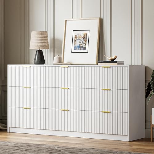 63" Wide Dresser, Fluted White Dresser for Bedroom with 9 Drawers, Large Drawer Dresser with Gold Details