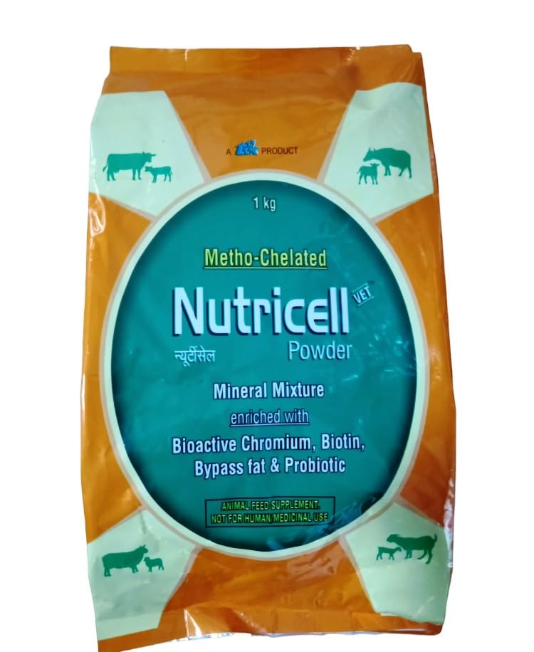 Nutricell Vet Powder Mineral Mixture Enriched with Bioactive Chromium,Biotin, Bypass Fat & Probiotic Animal Feed Supplements Cow,Calf,Buffalo,Goat & Sheep (1Kg)