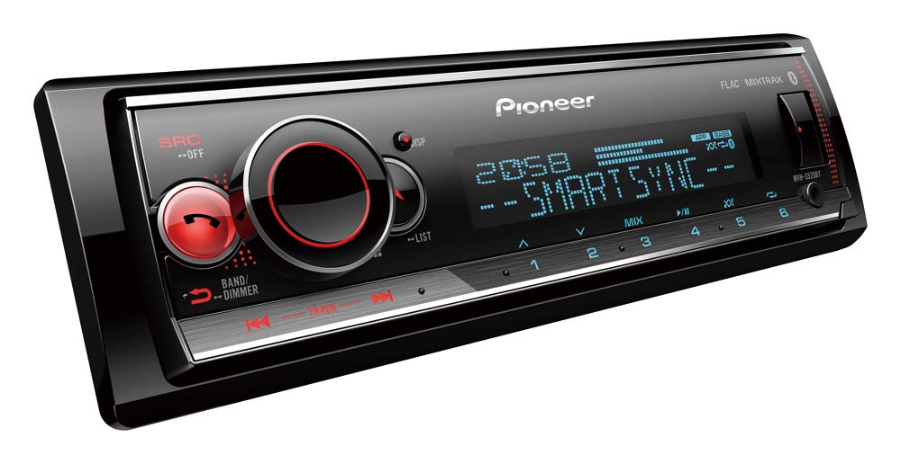 PioneerMVH-S520BT 1-DIN receiver with Bluetooth, multi colour illumination, USB, Spotify, Pioneer Smart Sync App and compatible with Apple and Android devices.