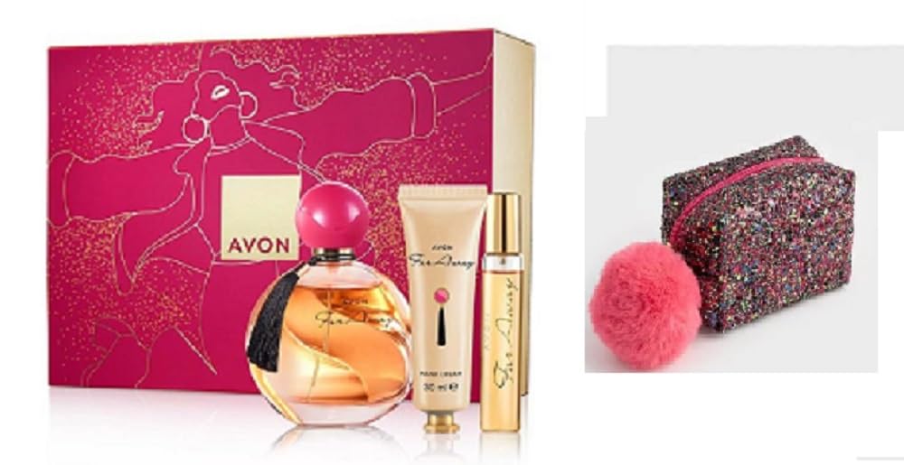 Far Away Boxed Gift Set a floral, oriental fragrance for women consisting of Eau de Perfume 50ml and 10ml and Hand Cream 30ml plus a Cosmetics Bag by Avon.