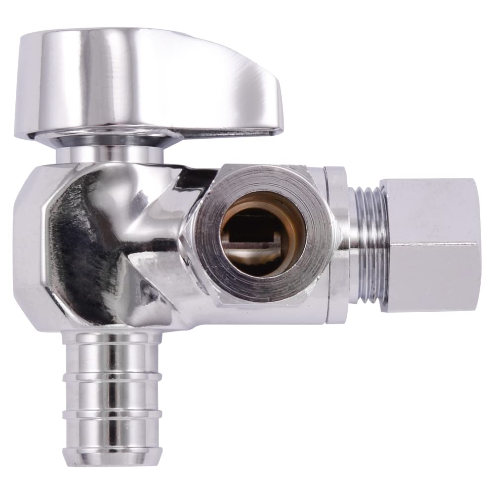 SharkBite 1/2 x 3/8 x 3/8 Inch OD Compression Angle Stop Valve, Dual Outlet, Quarter Turn, PEX Pipe, PE-RT, 23066LF