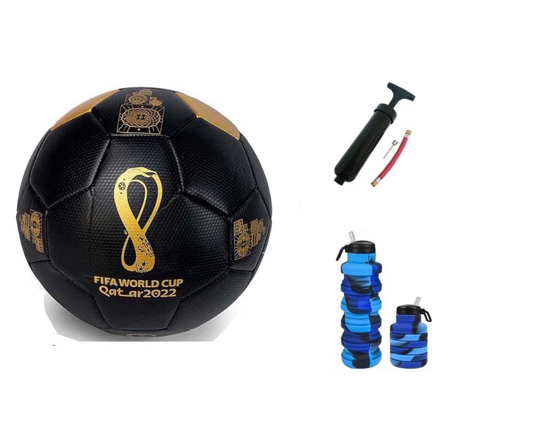 FIFA World Cup Quality Football with Pump water Bottle And Net Size 5 Thermally Bonded Match Ball with Seamless Stitching- Official Match Professional High Grade PU Leather Black & Gold