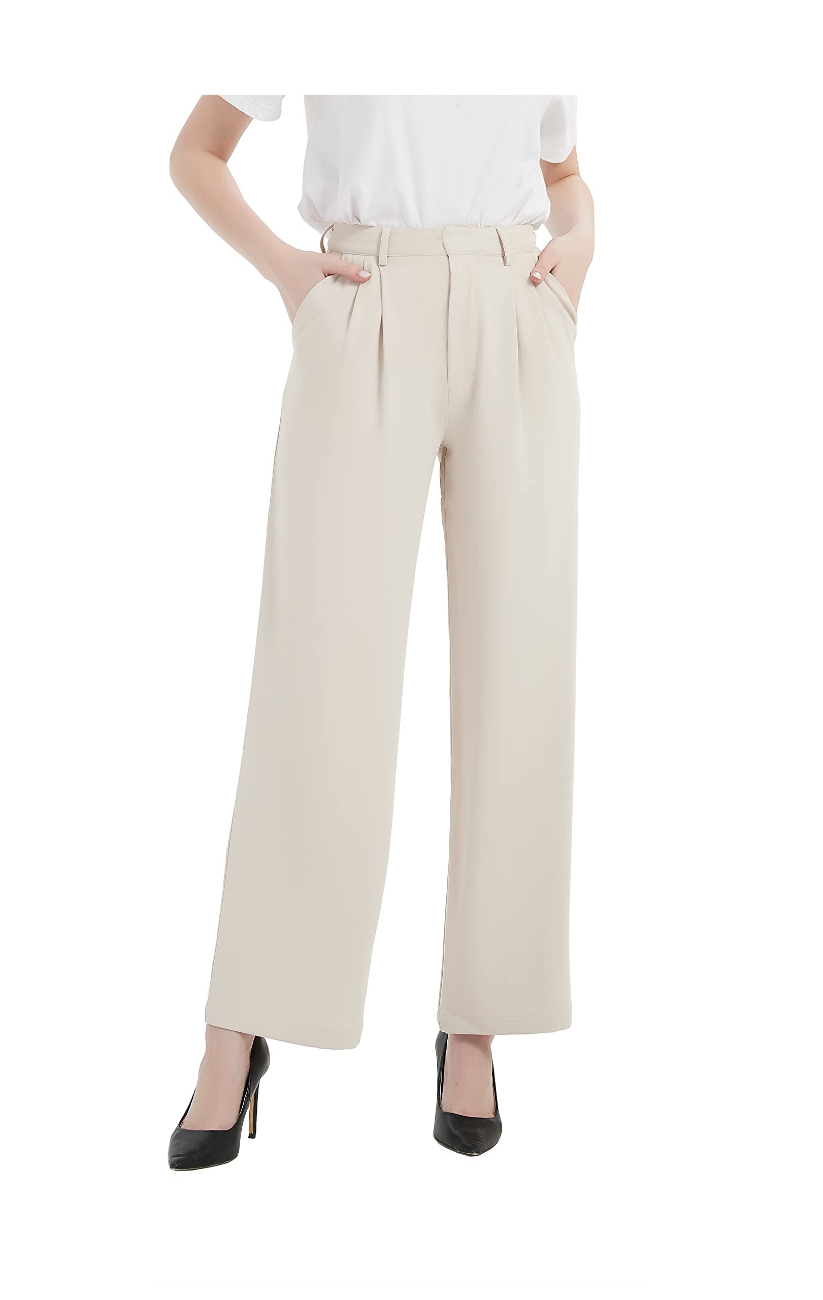 Tronjori Women High Waist Casual Straight Leg Long Dress Pants Wide Leg Trousers Regular Waistband