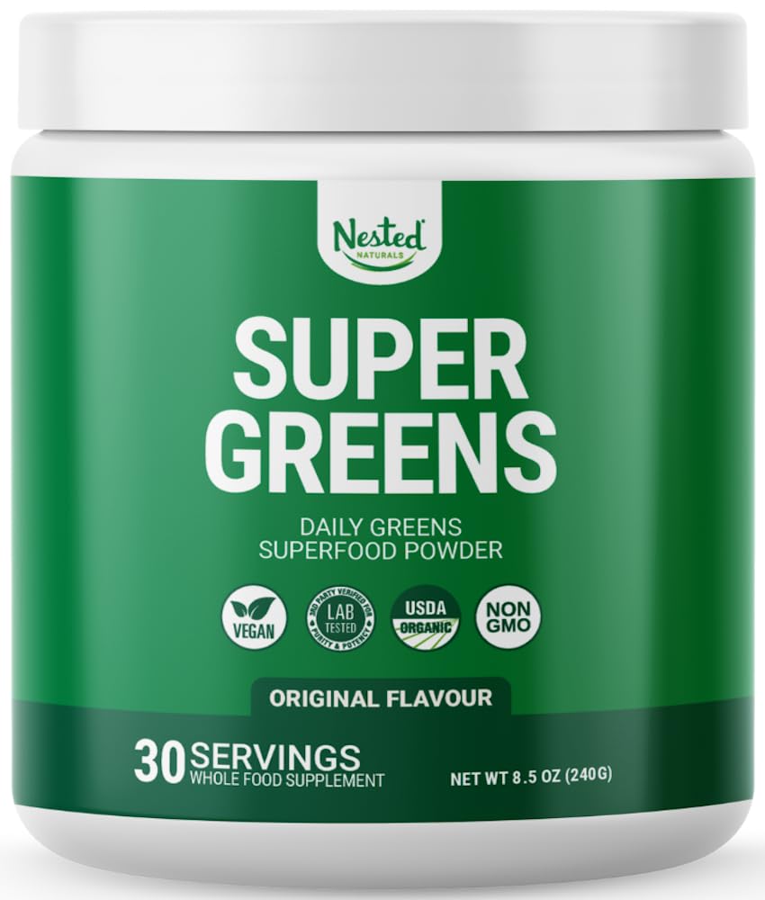 Nested Naturals USDA Organic Non-GMO Probiotics, Fiber and Enzymes Super Greens Veggie Superfood Powder Vegan Supplement