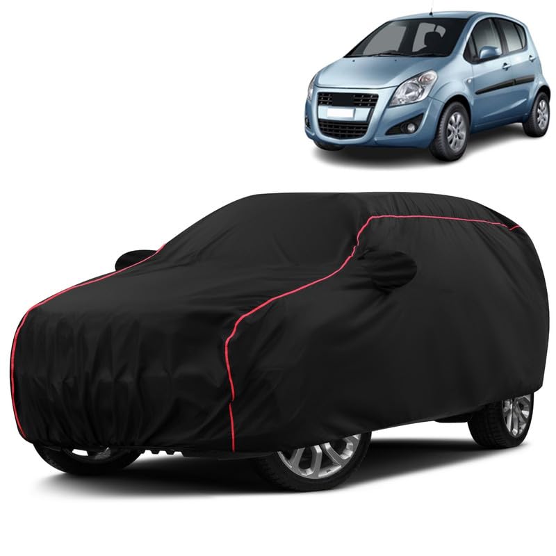 VOICO Water-Resistant Dustproof Car Cover for Maruti Suzuki Ritz - Mirror Pocket, UV Protection, Scratch Guard, Buckle Belt, Front & Back Bottom Elastic with Red Piping - Black