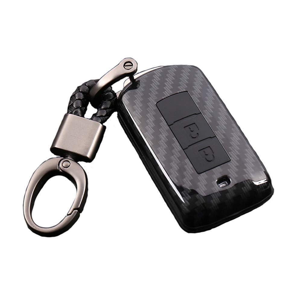 Happyit ABS Carbon Fiber Shell + Silicone Car Key Cover Cases for Mitsubishi Outlander Lancer 10 EX Pajero Sport ASX RVR L200 2 3 Buttons with Keychain