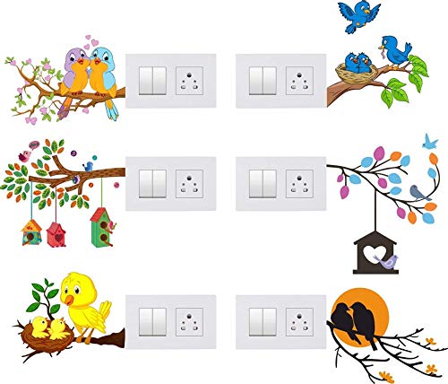 Byte Shop PVC Vinyl Multicolor Byte Shop Decorative Small Switch Penal/Board d©cor Wall Sticker of Colorful Sweet Flying and Sitting on Next Bird House Decal self Adhesive