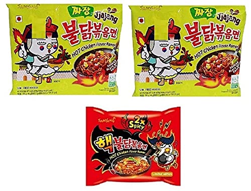 Sam Yang Korean Ramen Buldak Jijang Flavour Spicy Noodles Pack2&Buldak Hot Chicken Ramen 2X Spicy Noodles Pack1(Pack Of 3)(420Gm)(Imported)Instant Noodles Non-Vegetarian(3X140 G)(Combo Pack)