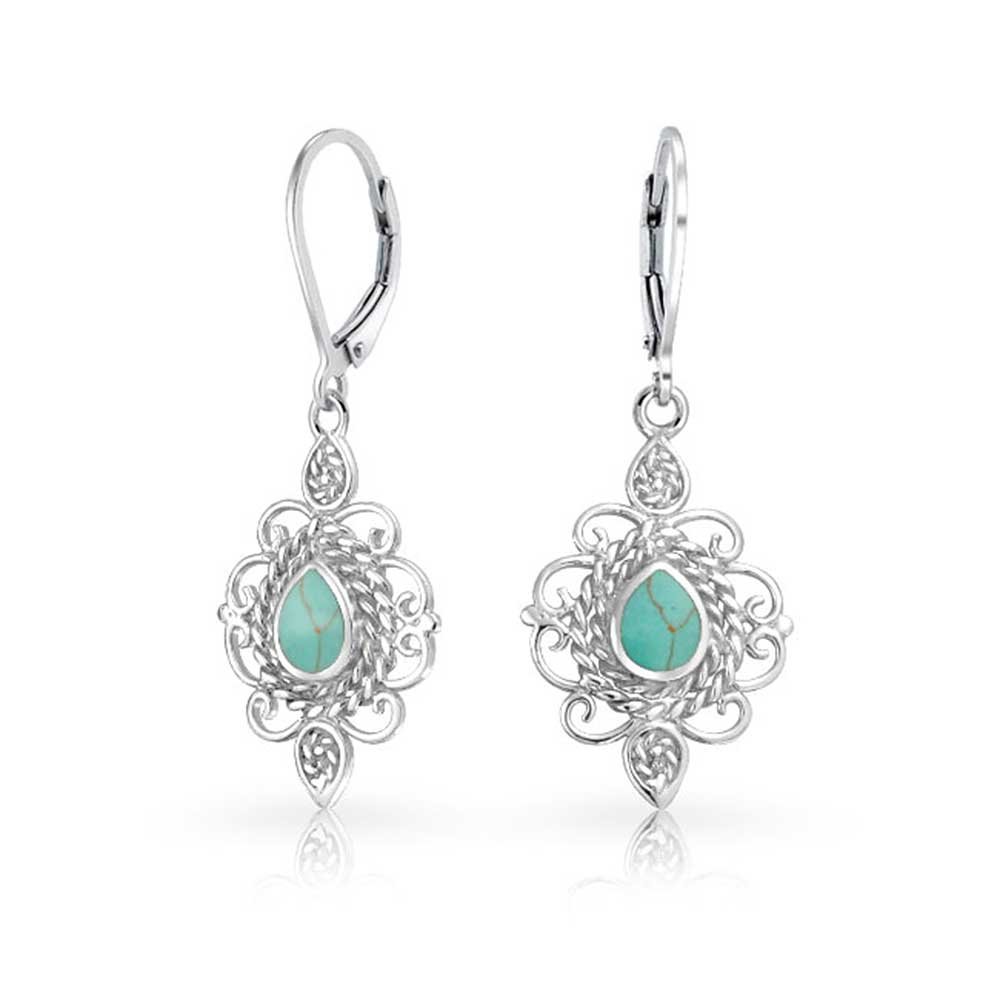 Vintage Style Filigree Teardrop Stabilized Turquoise Leverback Dangle Earrings For Women 925 Sterling Silver