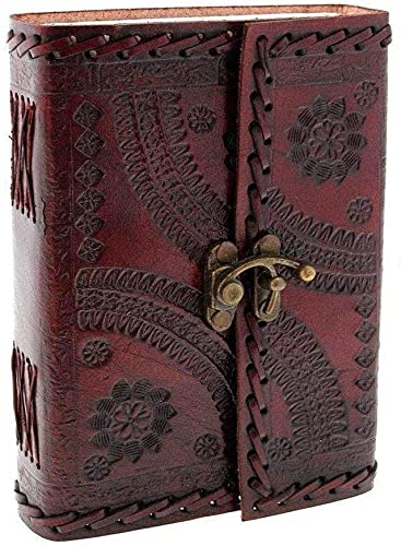 Swastik Leather Journal Notebook 7x5 inch Handmade Large Embossed Leather Bound Journal with Lock Genuine Brown Antique Old Personal Diary Notebook Journal Men Women Hand Embossed