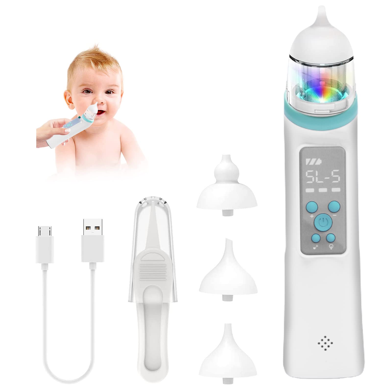 Nasal Aspirator for Baby, Electric Nose Aspirator for Toddler, Baby Nose Sucker, Automatic Nose Cleaner with 3 Silicone Tips, Adjustable Suction Level, and Music and Light Soothing Function