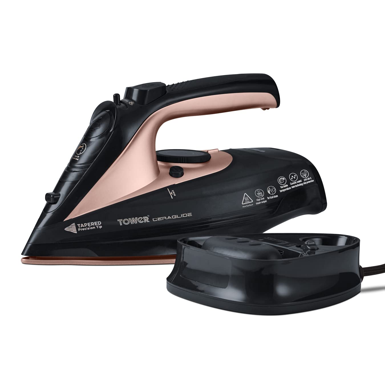 Tower T22008RG CeraGlide Cordless Steam Iron with Ceramic Soleplate and Variable Steam Function, Black and Rose Gold