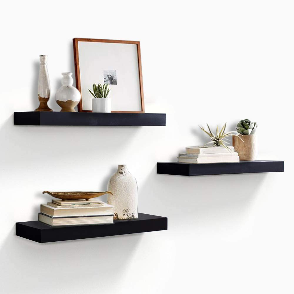 AHDECOR Black Floating Shelves, Wall Mounted Modern Shelves Decorative for Home & Office Decor, Ideal for Bedroom, Kitchen, Living Room, Set of 3