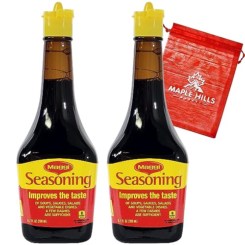 Maggi Seasoning 2 Bottle Bundle Pack - 2 6.7 Ounce Bottles of Maggi Seasoning Sauce to Improve Tastes of Soups, Sauces, Vegetables in Just a Few Dashes - With Maple Hills Market Snack Bag