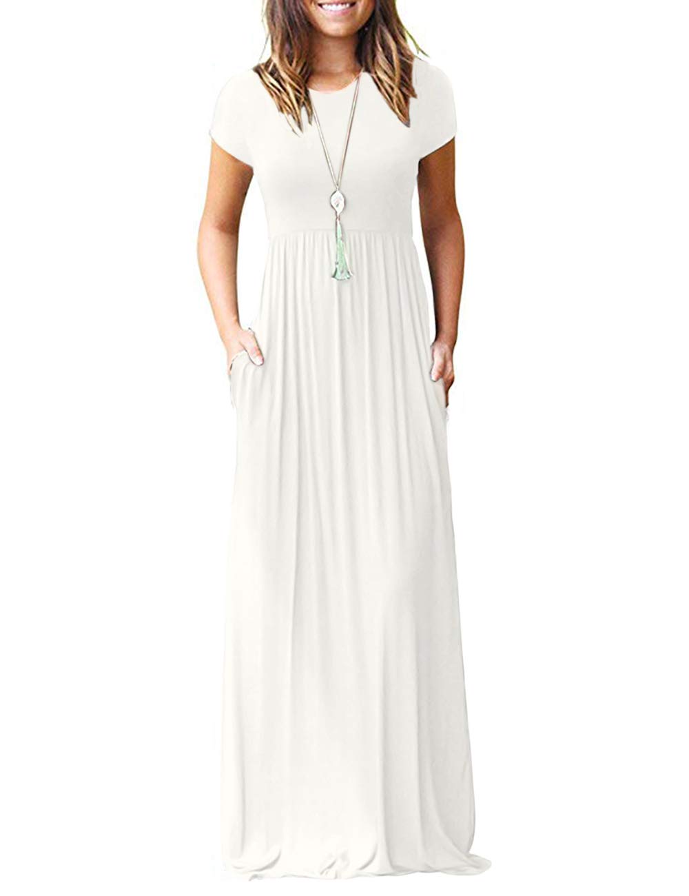 Women Short Sleeve Loose Plain Casual Long Maxi Dresses with Pockets (XS, White)