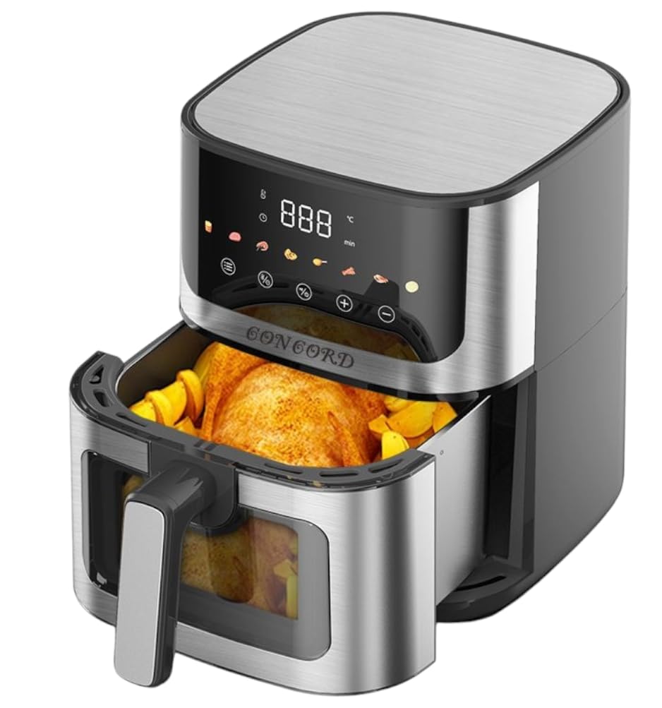 Concord Air Fryer 5 Liter | 1400 Watts | Digital Coloured Touch Screen | See Through Window | 8 Preset Menu | 1.5 Meter Long Cord | Uses 95% Less Oil | Rapid Hot Air Circulation (Black,Silver)