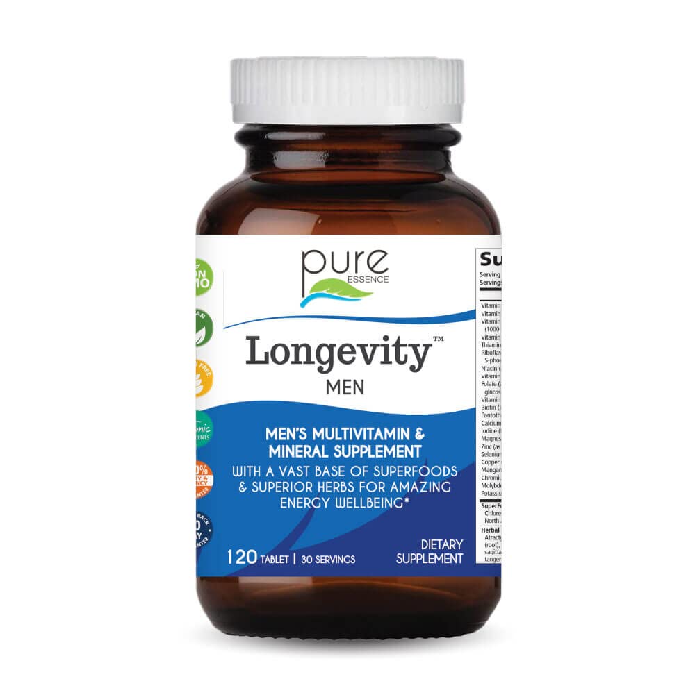 PURE ESSENCE LABS Longevity Multivitamin for Men Over 40 - Super Energetic with Superfoods, Minerals, Enzymes, Vitamin D3, B12, Biotin - 120 Tablets