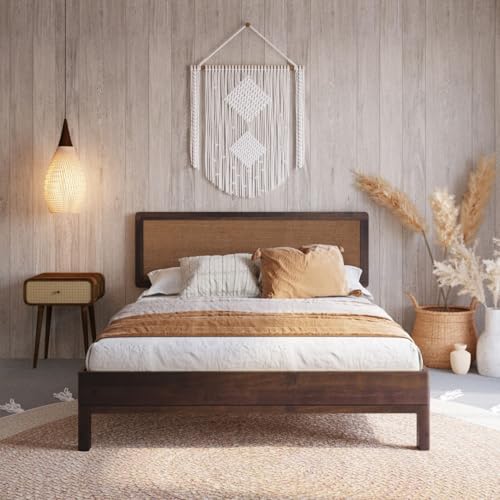 Bme Nipe Queen 14 Inch Bohemian Bed Frame with Adjustable Woven Headboard - Rustic & Vintage Unique Style with Acacia Wood - No Box Spring Needed - Easy Assembly - Natural