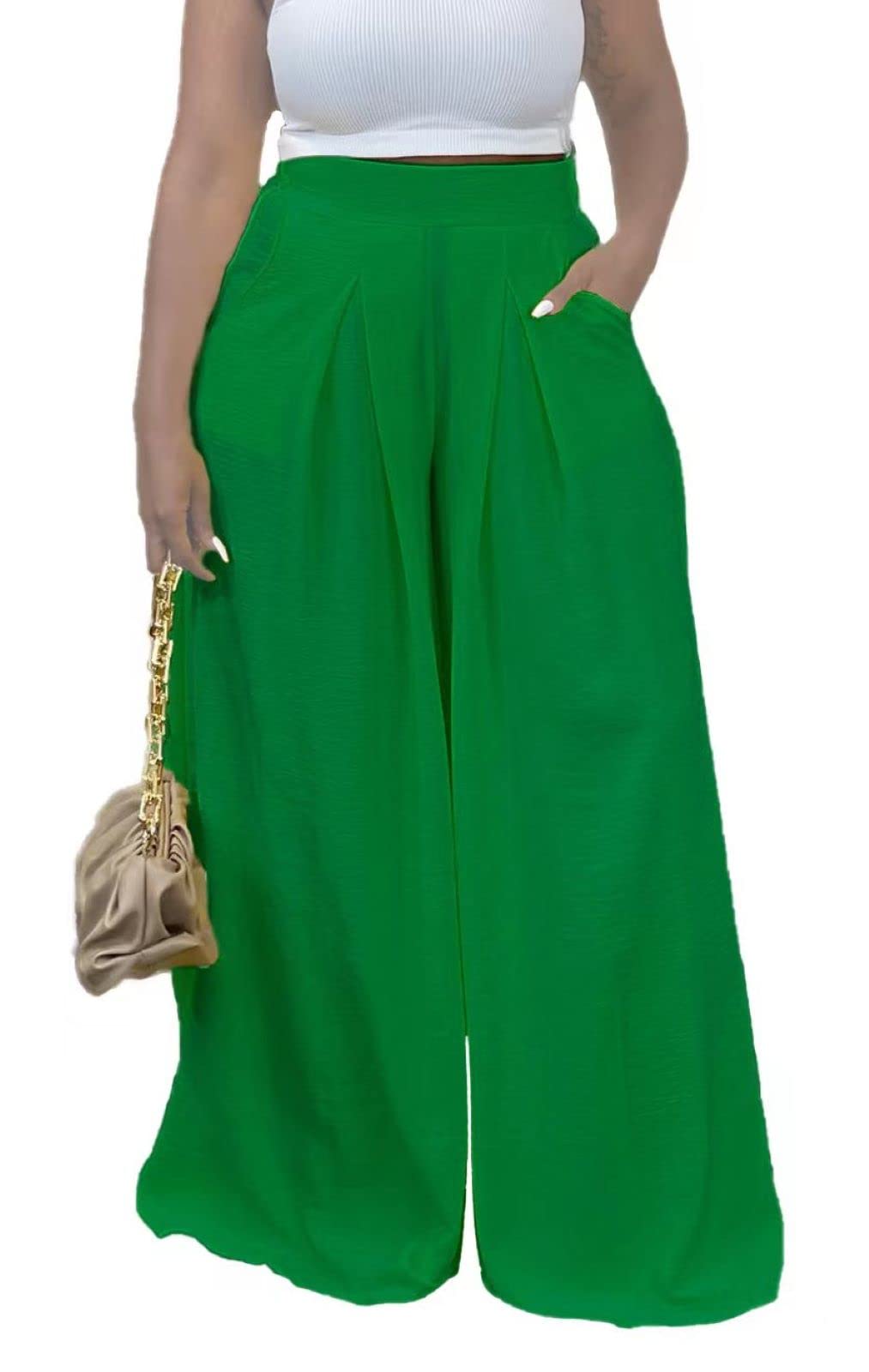 Flowy Pants for Women Casual High Waisted Wide Leg Palazzo Pants Trousers with Pocket Plus Size