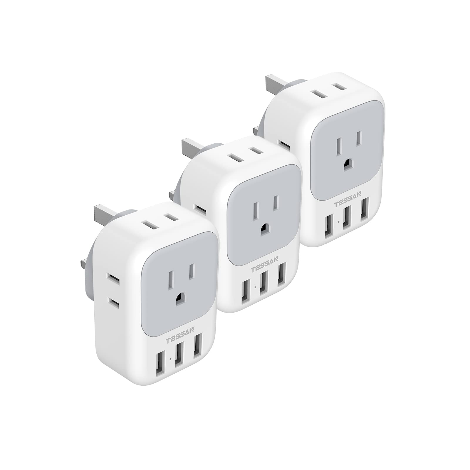 TESSAN US to UK Plug Adapter 3 Pack, Type G Travel Converter with 4 Electrical Outlet 3 USB Charger, Power Adaptor for USA to Ireland Dubai Scotland Hong Kong England British Kenya London Qatar