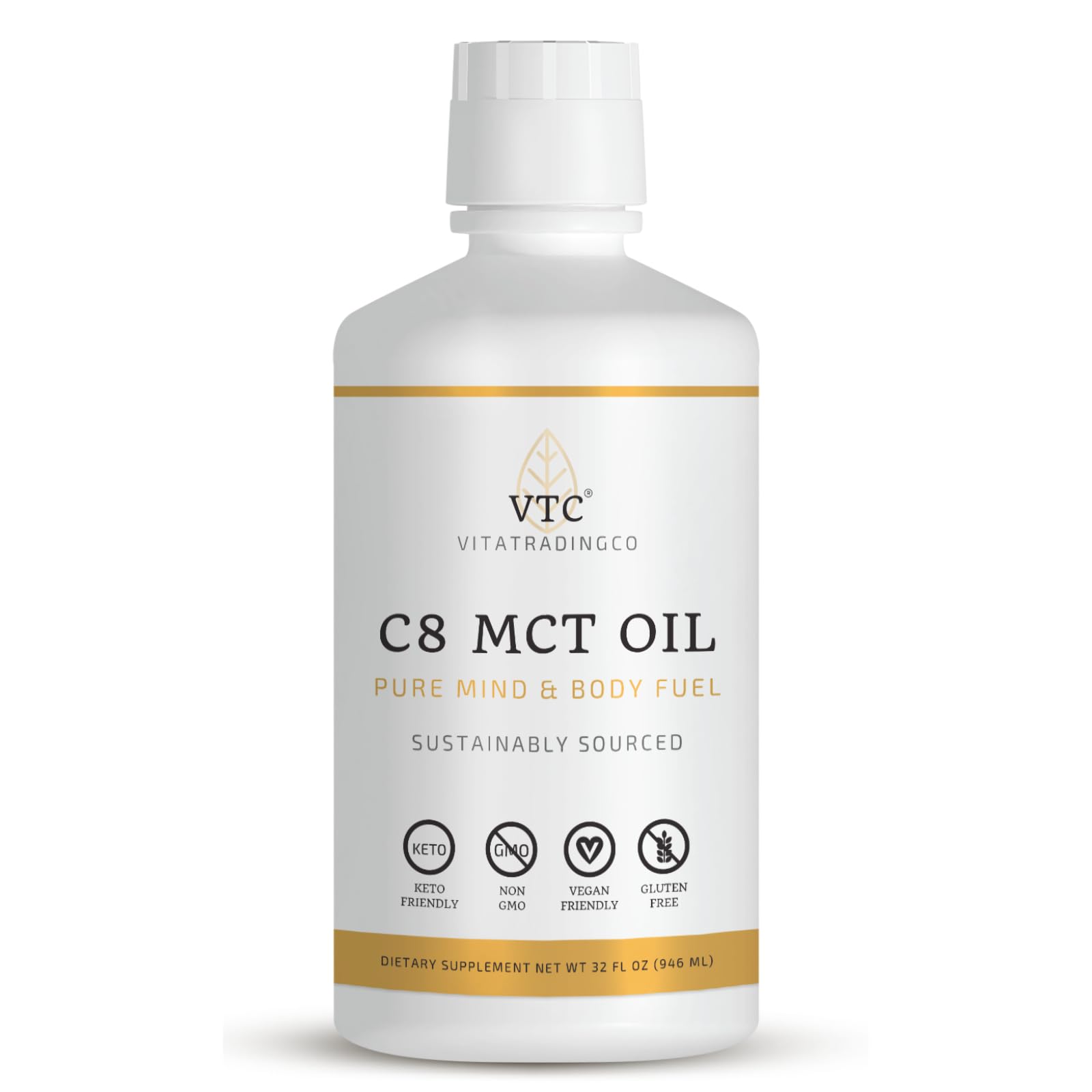 VTC C8 MCT Oil 100% Pure 32 oz | Keto and Paleo | Caprylic Acid | Clean Energy | Healthy Fat | Sustainably Sourced and Non-GMO | 64 Servings