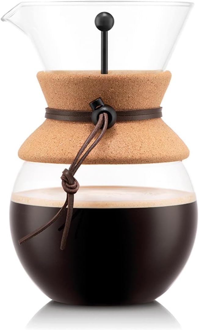 Bodum 34 oz Pour Over Coffee Maker, High-Heat Borosilicate Glass with Reusable Stainless Steel Filter and Cork Grip - Made in Portugal