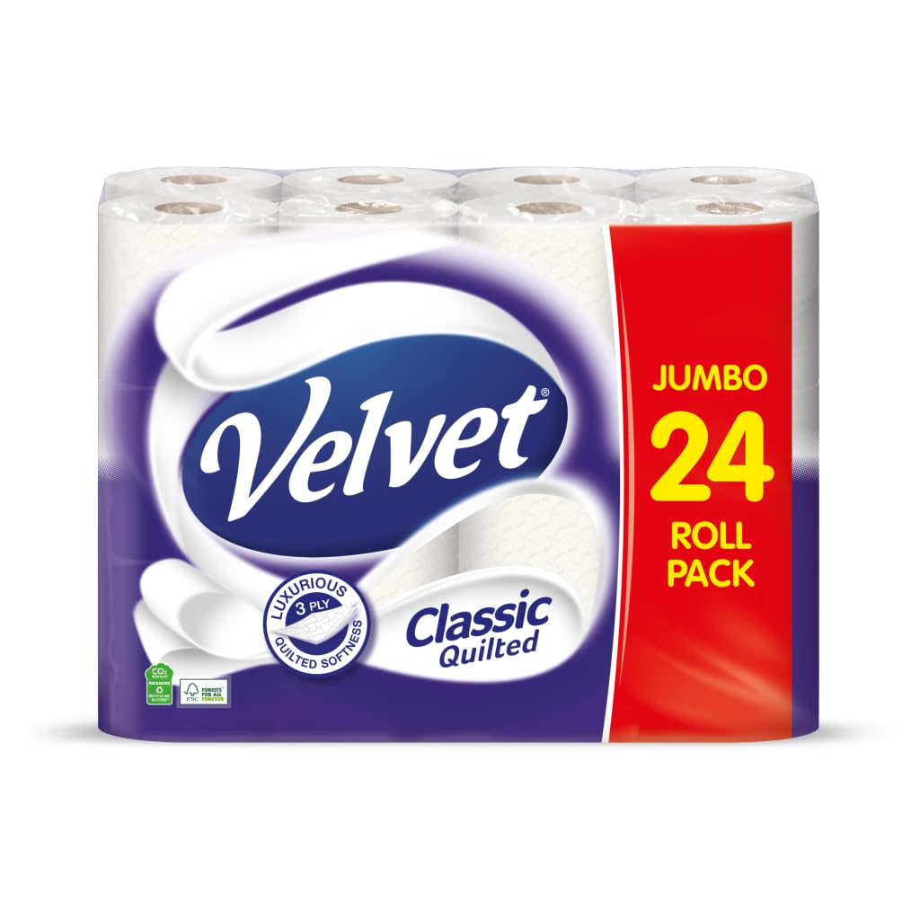 Velvet Classic Quilted Toilet Tissue 24 Rolls - Luxuriously Soft, Strong and Absorbent Toilet Roll - Jumbo Bulk Pack 24 Rolls - 3-ply - White