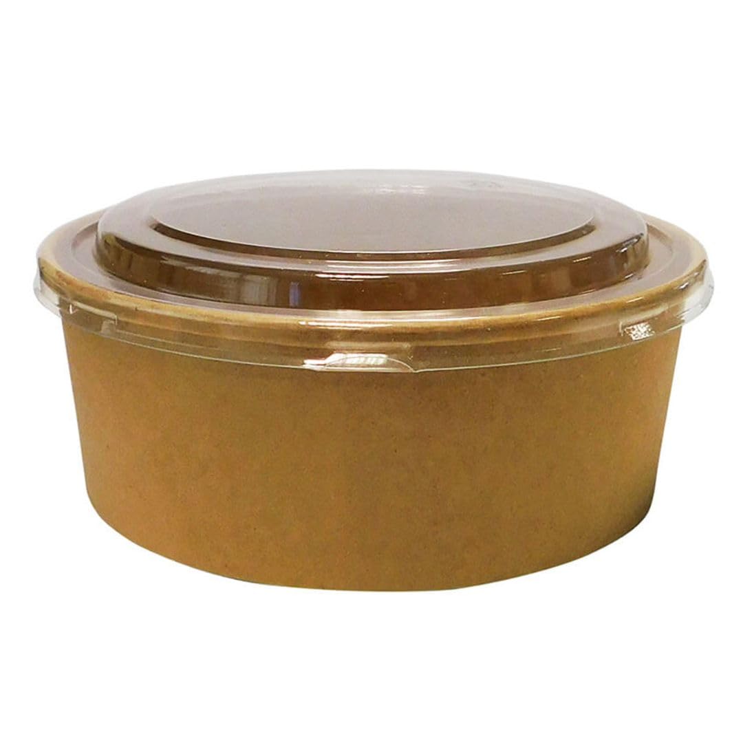 D MART Kraft Salad Bowls - 750cc (32oz) - 50 Pcs - Ice Cream Containers, Brown Takeaway Paper Bowls with PP Lids - Cardboard Round Deli Tubs Lids