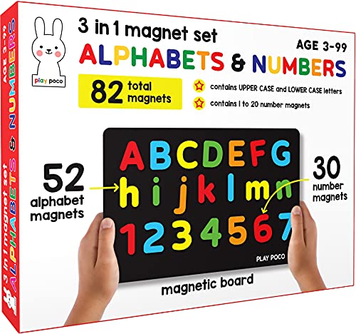 Play Poco 3 in 1 Magnet Set - Alphabets and Numbers with 26 Capital Letter,26 Small Letter, 30 Number Magnets and Magnetic Board - Child Safe Foam Magnets - ideal for 3-5 year old boys and girls,Red