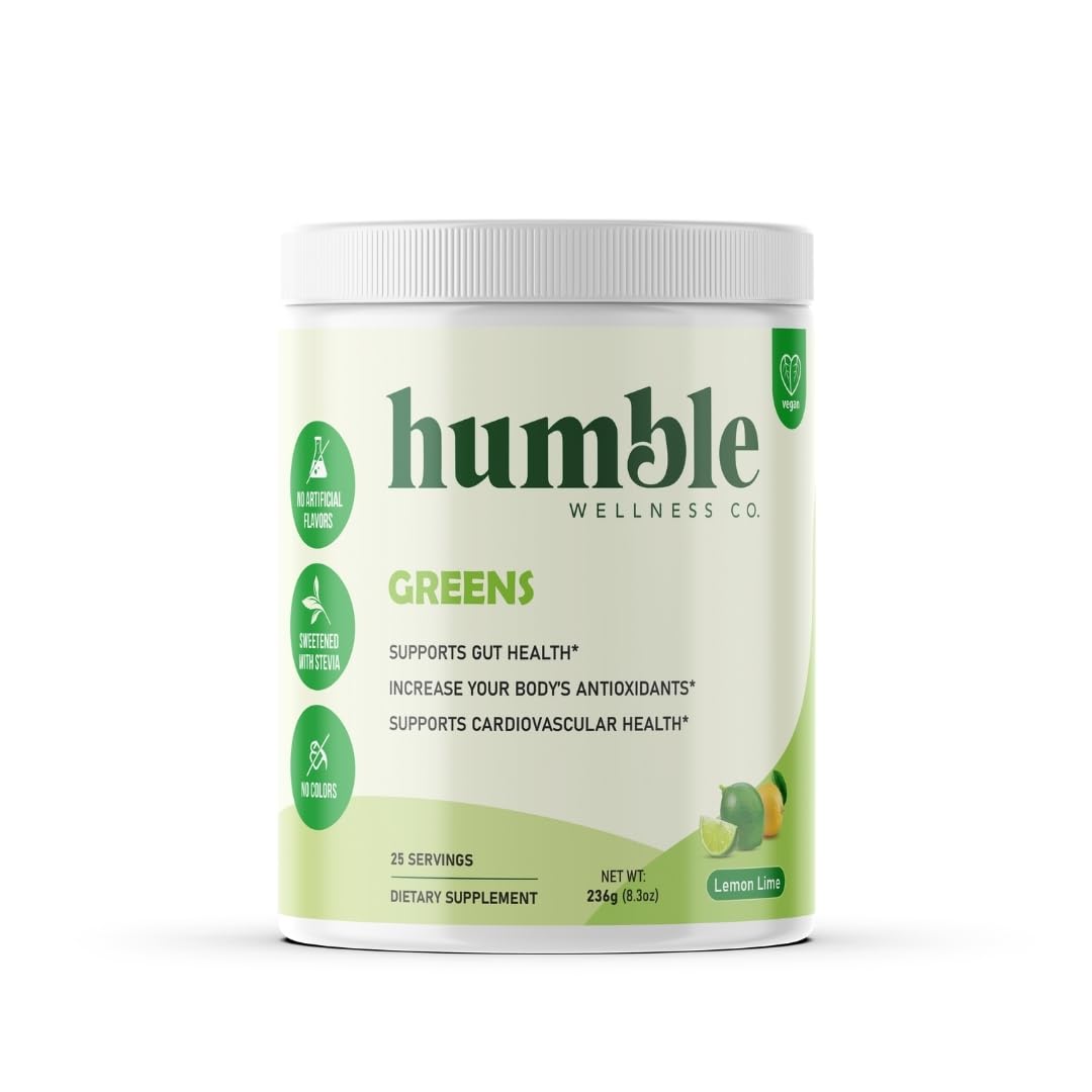 Humble Wellness Greens Powder: Antioxidant Boost, Cardiovascular Health, Gut Health, 24 Organic Fruits & Veggies, Gluten Free, Vegan, No Sugar Added, Non GMO, Made in The USA, 25 Servings