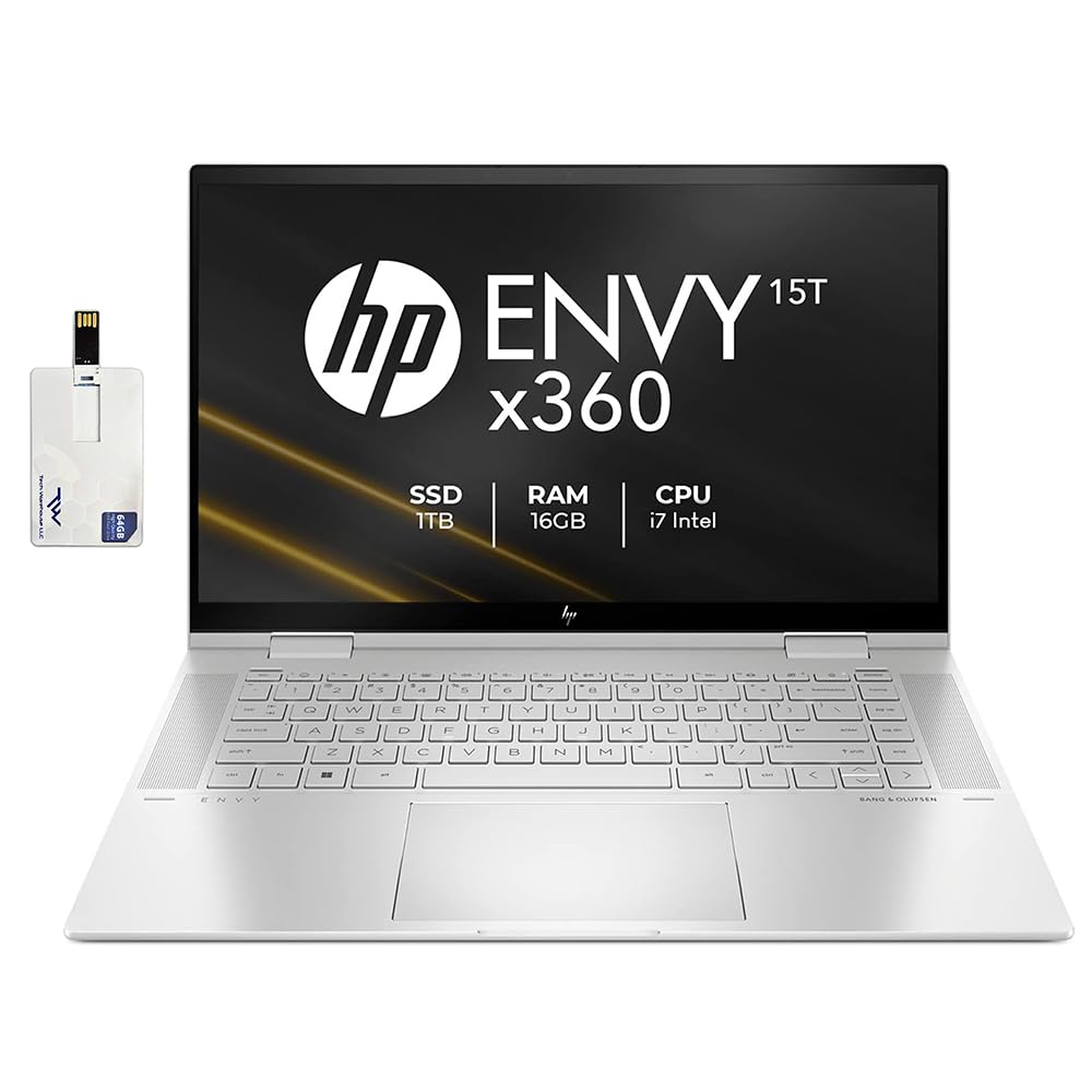 HPEnvy 15T x360 2022 i7-1195G7 11th Gen Quad, 16 GB RAM, 1 TB NVME SSD, 15.6" FHD Touch, Tilt Pen, B&O Speakers, Intel Xe Graphics, Win 11 Pro, Wi-Fi 6, No numpad, 64 GB Tech Warehouse Flash Drive