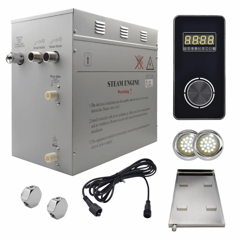 Superior Encore 12 kW Steam Shower Generator Kit with Vertical Black Keypad, Drip Pan & White Lights | Self-Draining Steam Bath Generator | One-click Connection Cord | Aromatherapy |