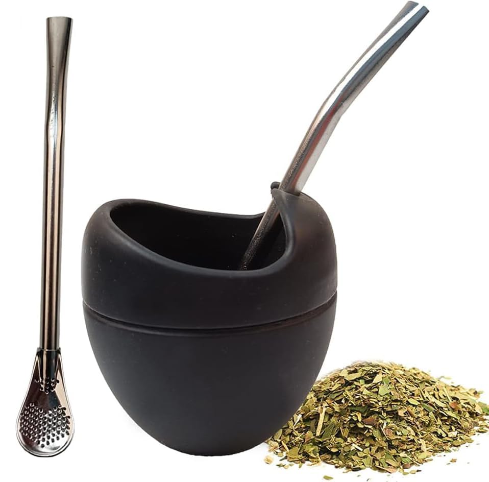 Yerba Mate Cup Set, Azonee 6oz Tea Cup Set Includes Bombilla Stainless Steel Filter Straw, Silicone Mate Gourd Cup Mug Gourd Set for Drinking Tea And Yerba Mate Drinking, BPA Free, Black