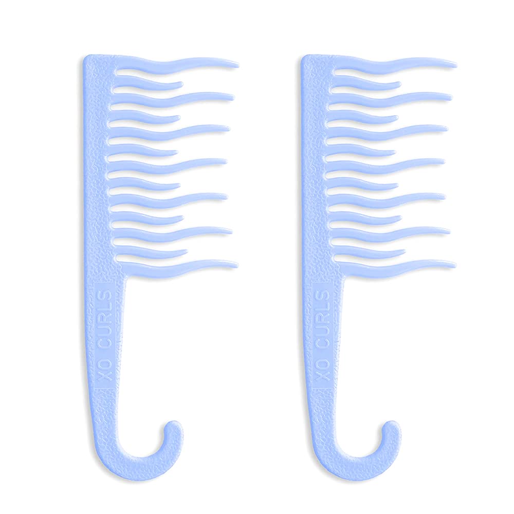 XO Curls Shower detangling hair comb, Wide tooth comb Comb with hook for easy hanging in shower | Gentle on Scalp Blue Pack Of 2