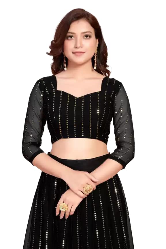 Fashion BasketWomen's Black Color Embroidery Sequence Work Semi Stitched Lehenga Choli