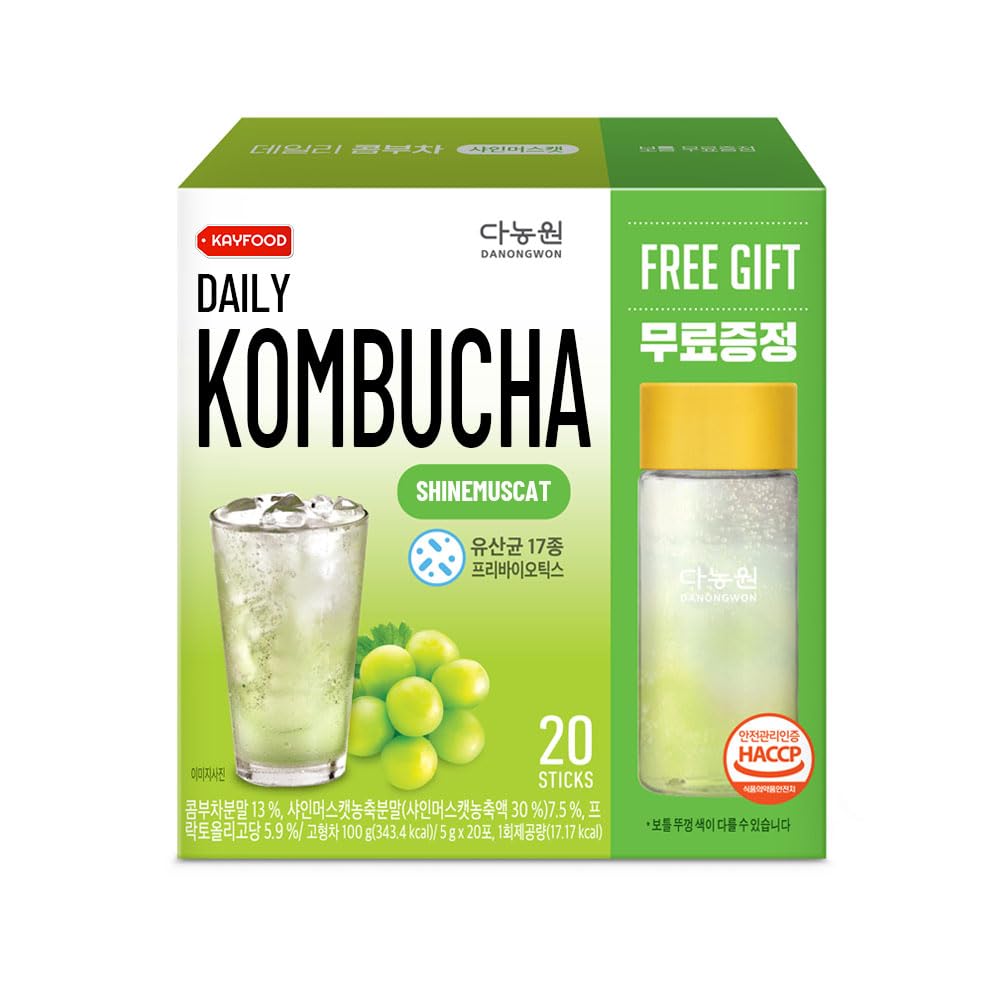 KAYFOOD Garden Daily Shinemuscat Kombucha Tea Powdered Mix, Probiotics & Prebiotics, 20 Sticks with Bottle (3.52oz), Zero Sugar, Diet, Healthy Fermented Drinks Korea (Shinemuscat, Reusable Bottle Set)