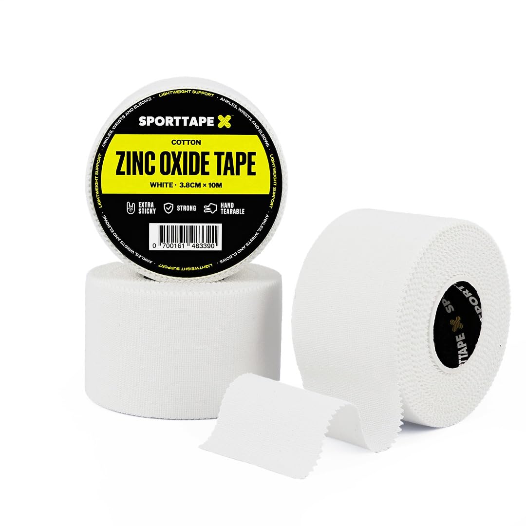 SPORTTAPE Zinc Oxide Tape - 3 Rolls - 3.8cm x 10m | White Athletic Tape | Blister Prevention Tape - Ankle, Foot, Wrist and Hand | Rugby & Football Sports Strapping Tape & Boxing Tape for Hands