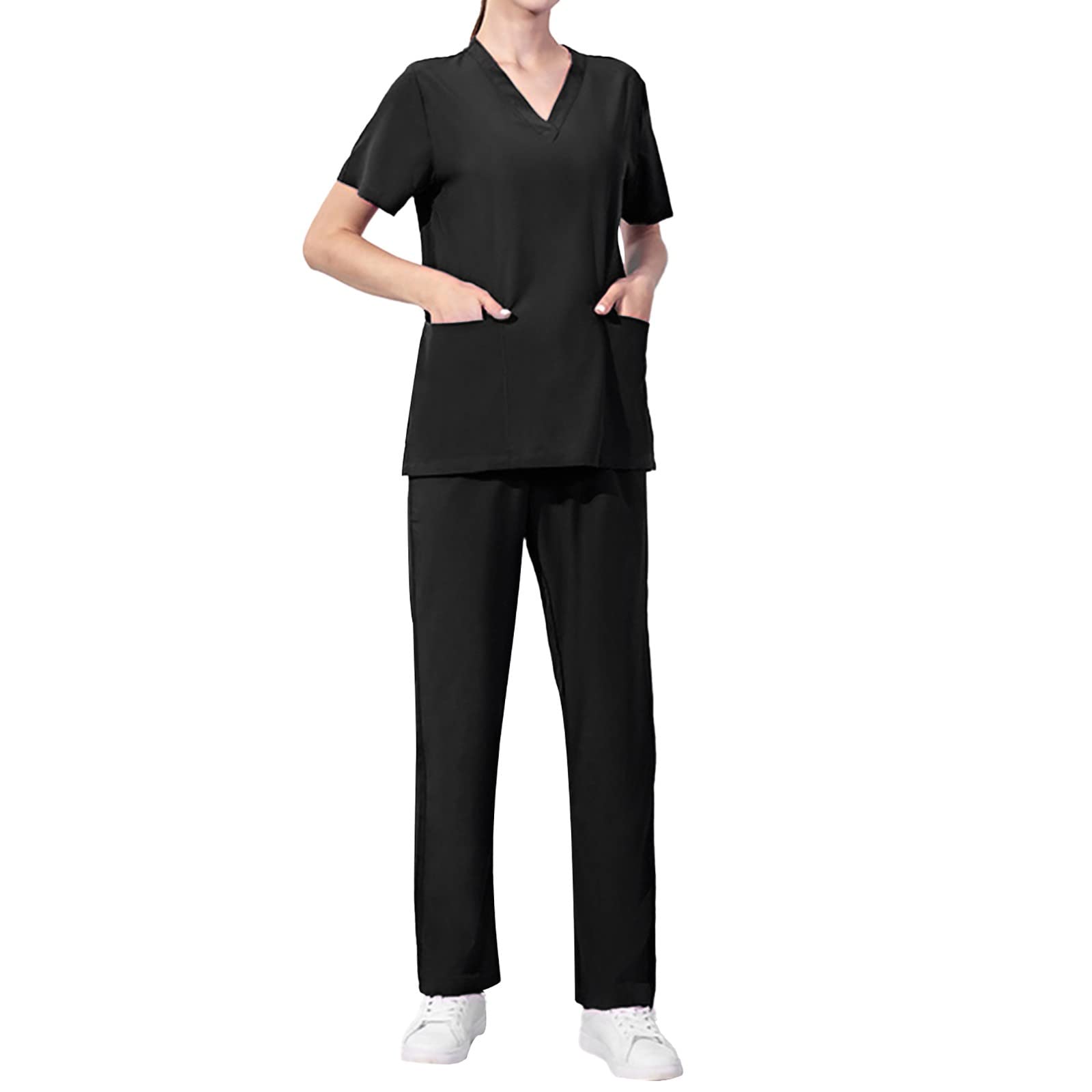 GefomuofeWomen's Work Suit Nursing Suit Medical Doctor Uniform Slip Jacket Top with Trousers Medical Work Wear Slip-On Tunic + Slip-On Trousers Set Work Wear, black, L