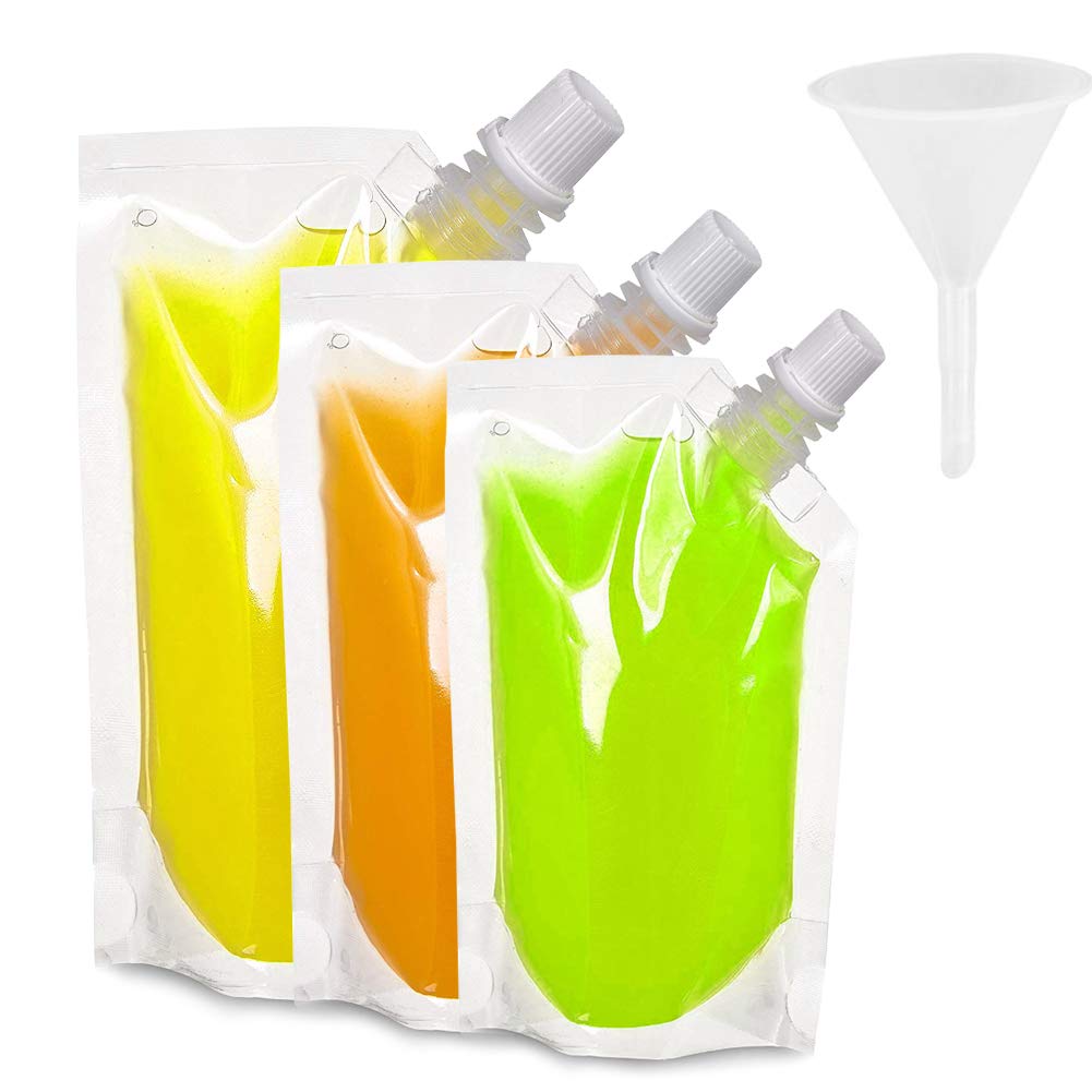 Boerni 30 Pack Plastic Drinks Flasks, Food-Grade Drink Pouch with 3 Pcs Funnels for Party Halloween Christmas Beverage(250ml,420ml,500ml)