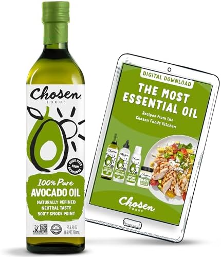 Chosen Foods 100% Pure Avocado Oil, Keto and Paleo Diet Friendly, Kosher Oil for Baking, High-Heat Cooking, Frying, Homemade Sauces, Dressings and Marinades 25.4 fl oz + Digital Recipe Book