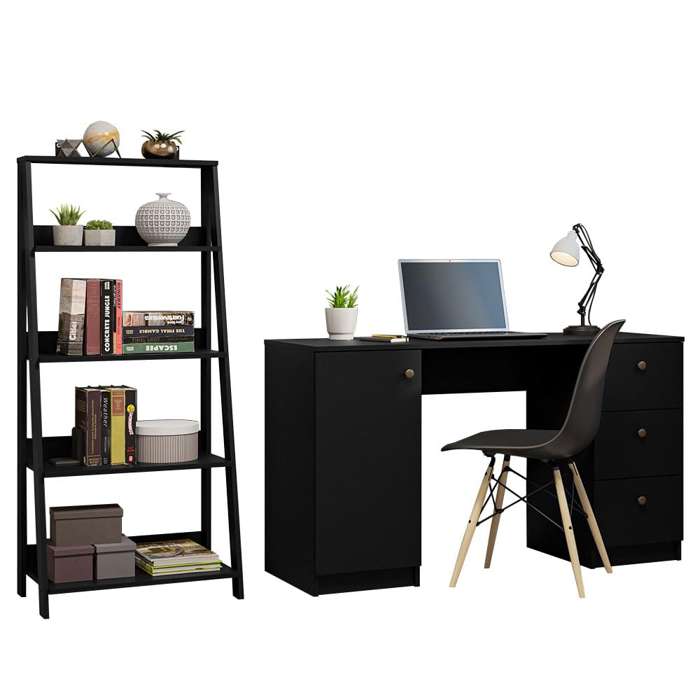 Madesa Desk with Drawer 53" + Ladder Shelf Free Standing Bookcase - Black