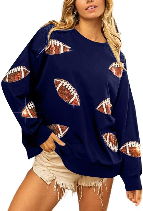 MOUSYAWomens Sequin Football Sweatshirt Game Day Long Sleeve Shirt Sunday Funday Pullover Casual Crewneck Tops