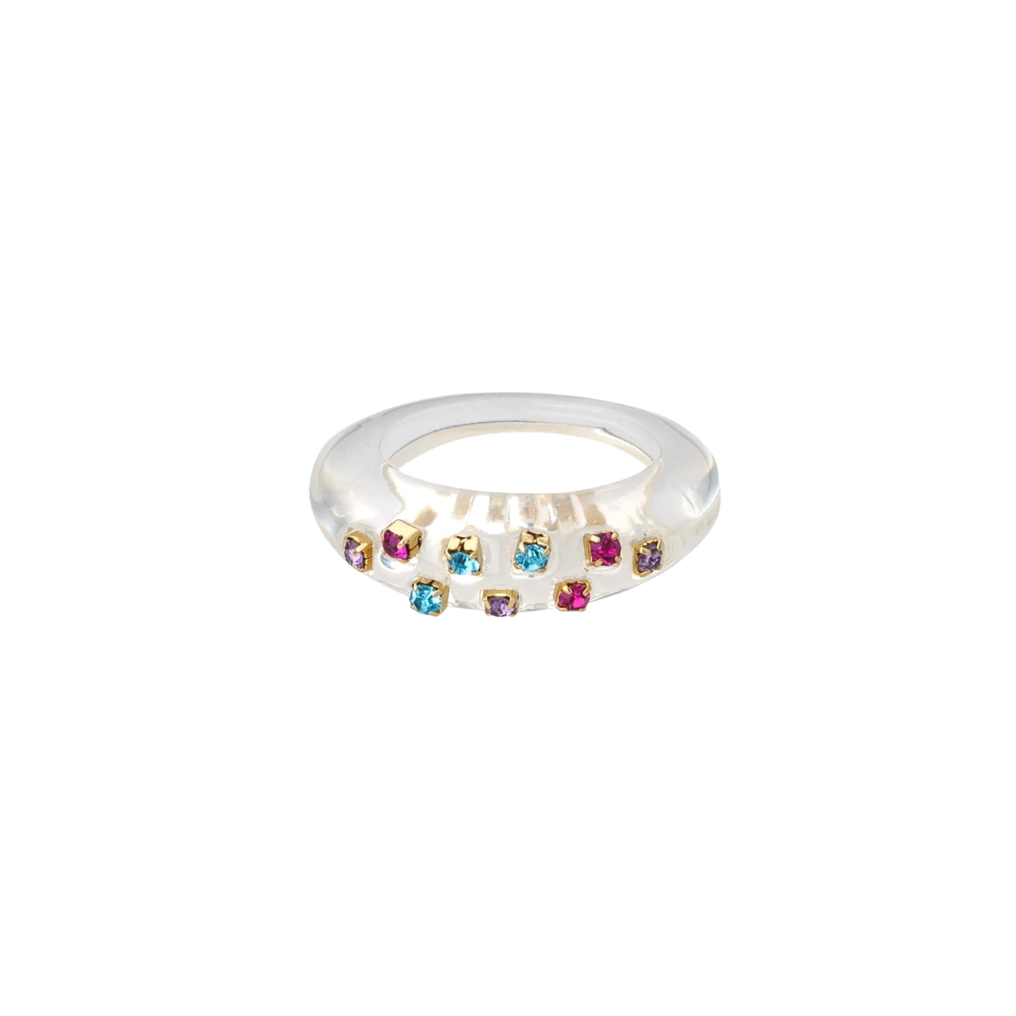 EttikaWomen Ring. Crowd Pleaser 18k Gold Plated Clear Resin Ring with Multi Colored Rhinestones. Fashion Jewelry