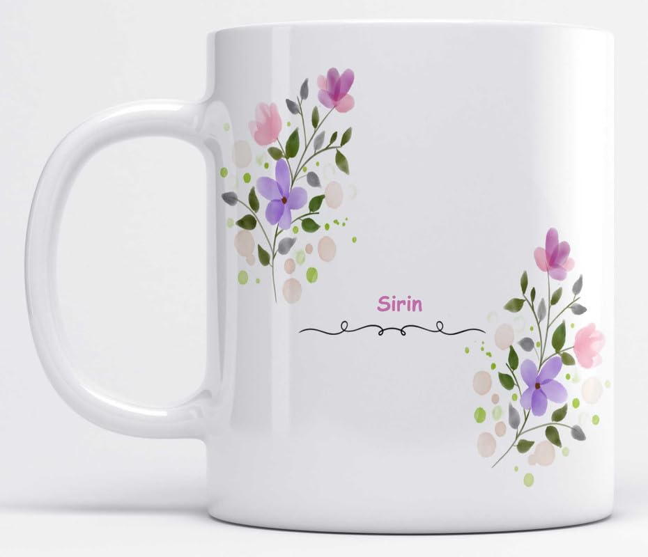 LOROFY Name Sirin Printed Lilac Color Floral Design White Ceramic Coffee Mug (350ML)