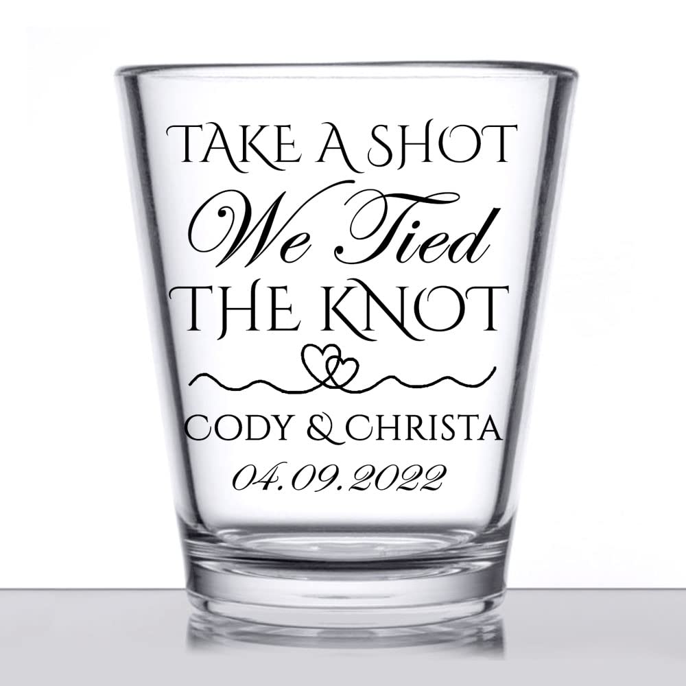 Personalized wedding shot glasses, take a shot we tied the knot, cute customizable wedding favors for guests, custom shot glasses, personalized wedding favors, wedding glasses