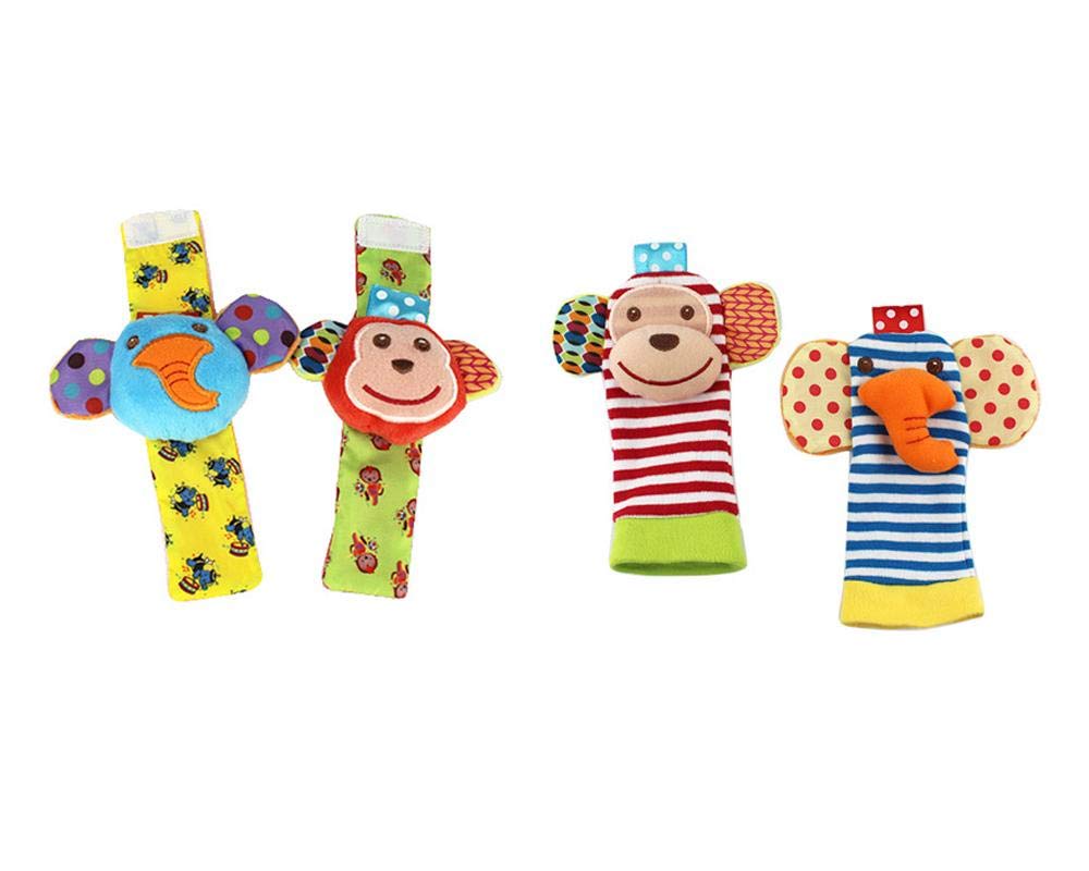 Infant Baby Socks and Wrist Rattle Plush Monkey and Elephant Soft Toy Set - 4 Pieces