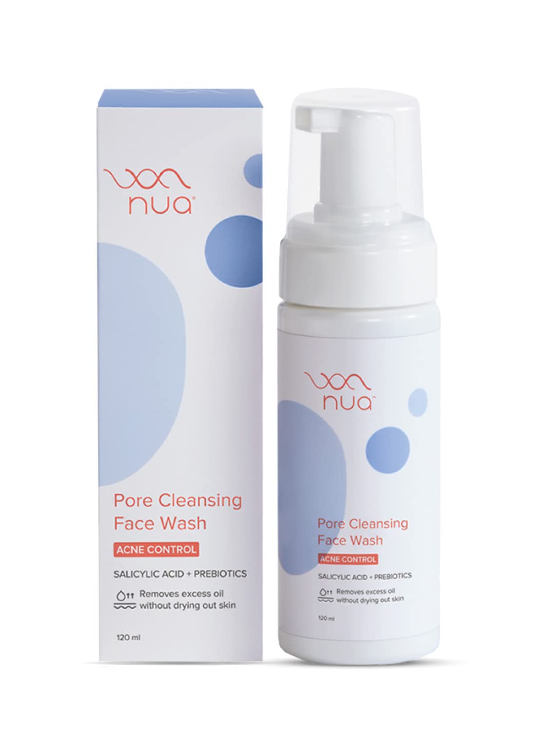 Nua Pore Cleansing Foaming Face Wash | 1% Salicylic Acid Face Wash with Glycolic Acid, Hyaluronic Acid & Prebiotics | Anti Acne Face Wash for Oily Skin | 120ml