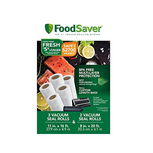 FoodSaver Custom Length Vacuum Sealer Bags Multipack, 5 Count Rolls for Airtight Food Storage and Sous Vide - Compatible with FoodSaver, 8 (2 Pack) and 11 (3 Pack)